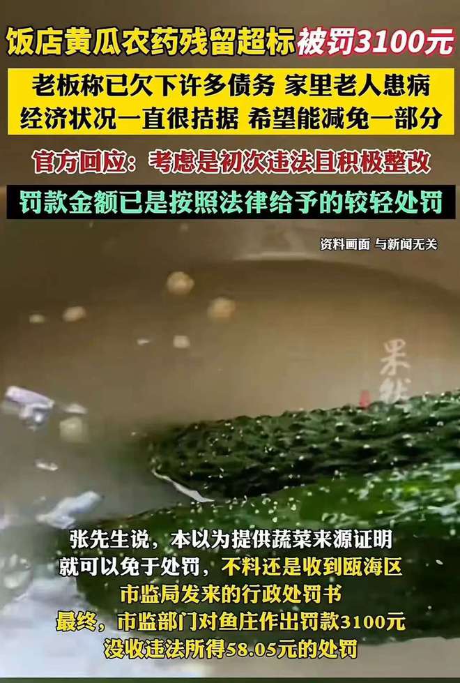 饭店黄瓜农药残留超标被罚老板称经济拮据望减免网友连发三问(图3)
